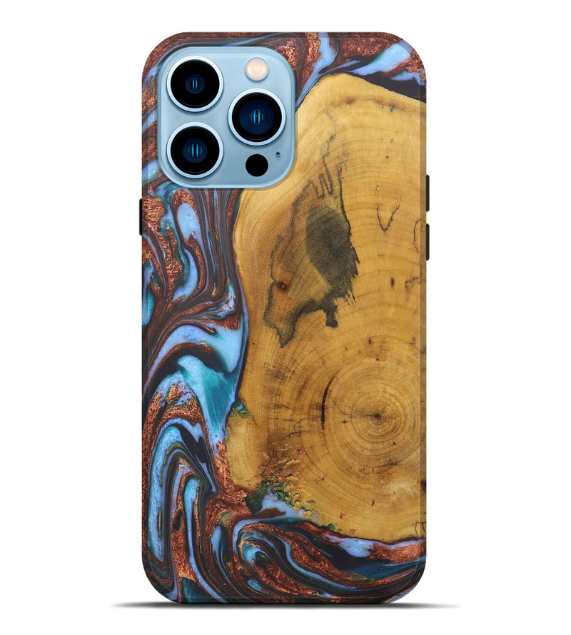 iPhone 14 Pro Max Wood+Resin Live Edge Phone Case - Terrell (Teal & Gold, 722233)