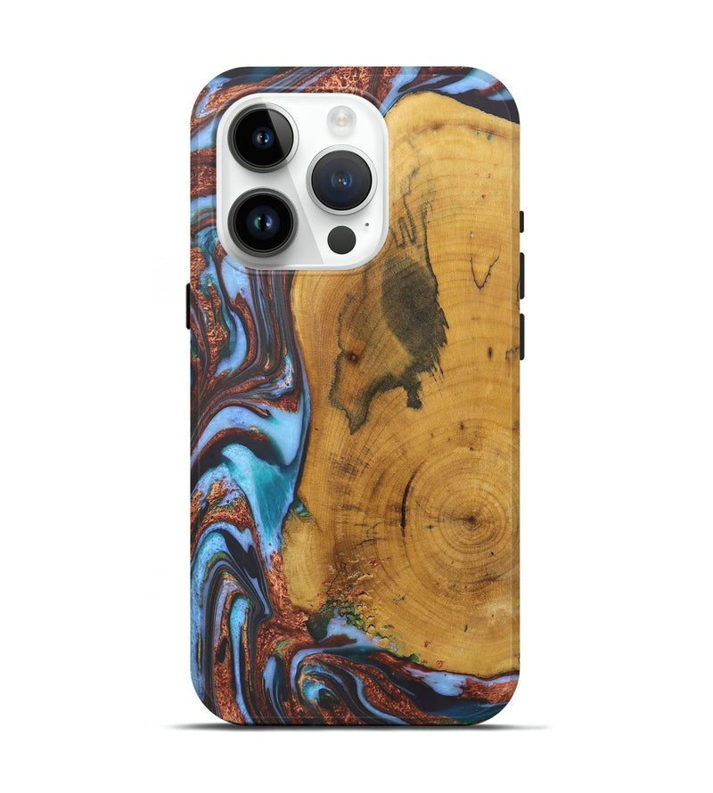 iPhone 15 Pro Wood+Resin Live Edge Phone Case - Terrell (Teal & Gold, 722233)