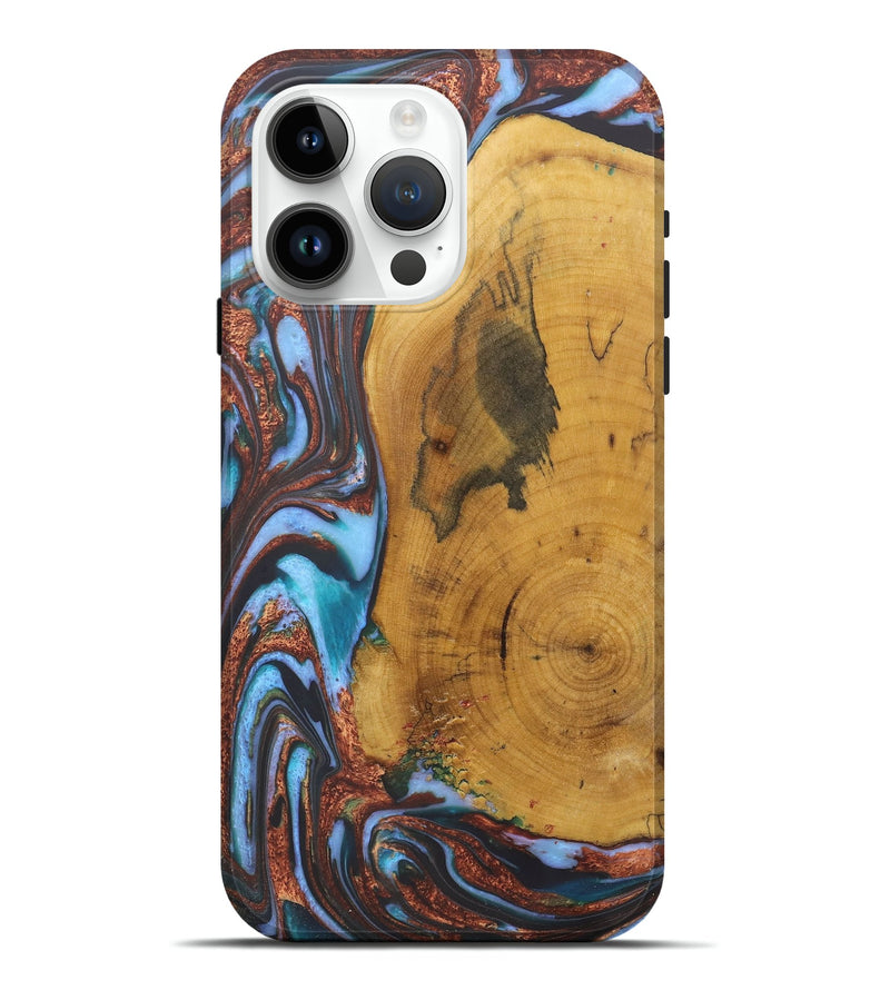 iPhone 15 Pro Max Wood+Resin Live Edge Phone Case - Terrell (Teal & Gold, 722233)