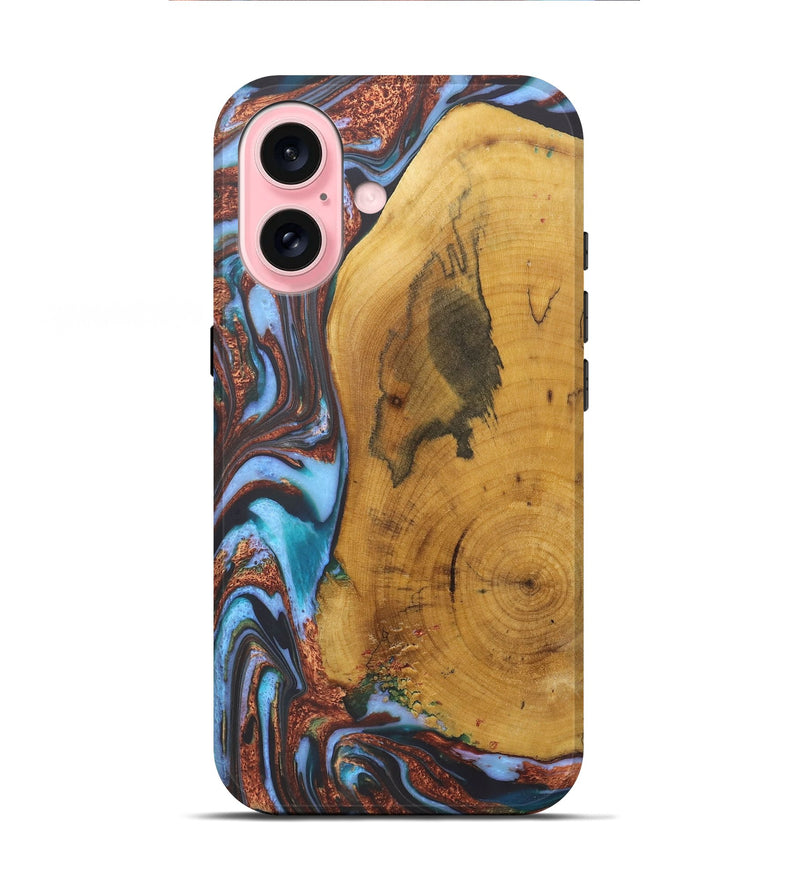 iPhone 16 Wood+Resin Live Edge Phone Case - Terrell (Teal & Gold, 722233)