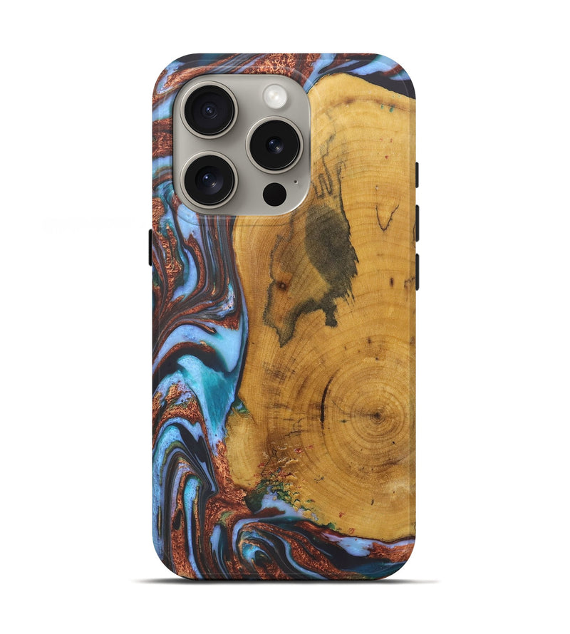 iPhone 16 Pro Wood+Resin Live Edge Phone Case - Terrell (Teal & Gold, 722233)