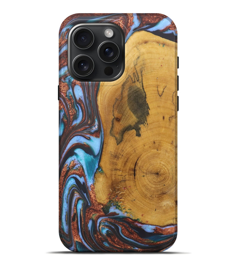 iPhone 16 Pro Max Wood+Resin Live Edge Phone Case - Terrell (Teal & Gold, 722233)