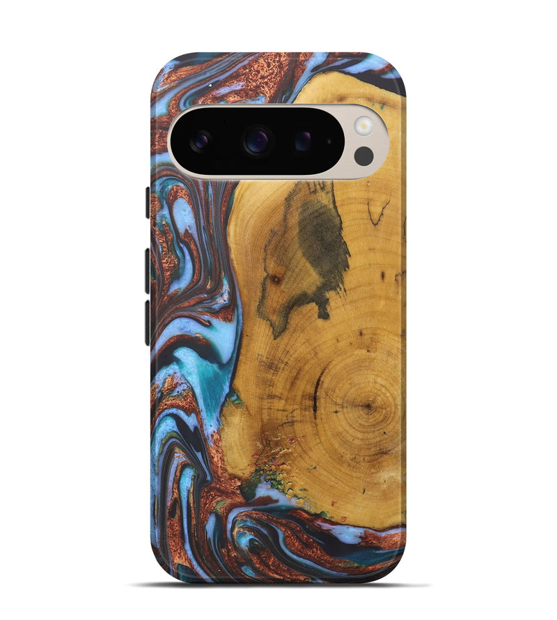 Pixel 9 Wood+Resin Live Edge Phone Case - Terrell (Teal & Gold, 722233)