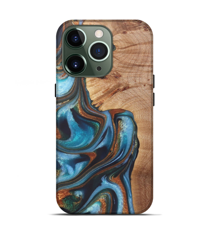 iPhone 13 Pro Wood+Resin Live Edge Phone Case - Gretchen (Teal & Gold, 722234)