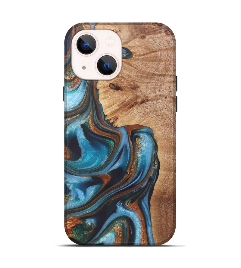 iPhone 14 Wood+Resin Live Edge Phone Case - Gretchen (Teal & Gold, 722234)