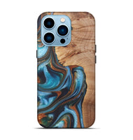 iPhone 14 Pro Wood+Resin Live Edge Phone Case - Gretchen (Teal & Gold, 722234)