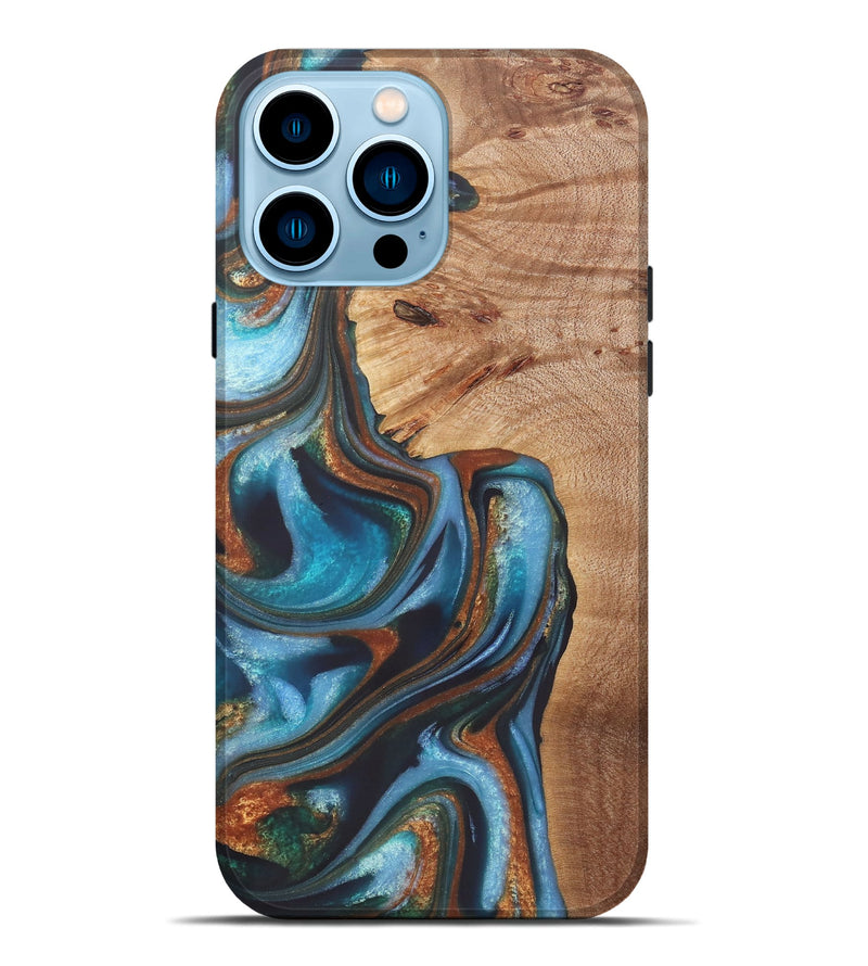 iPhone 14 Pro Max Wood+Resin Live Edge Phone Case - Gretchen (Teal & Gold, 722234)