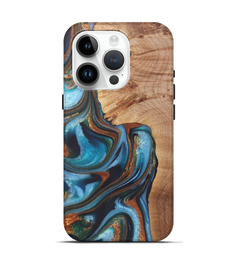 iPhone 15 Pro Wood+Resin Live Edge Phone Case - Gretchen (Teal & Gold, 722234)