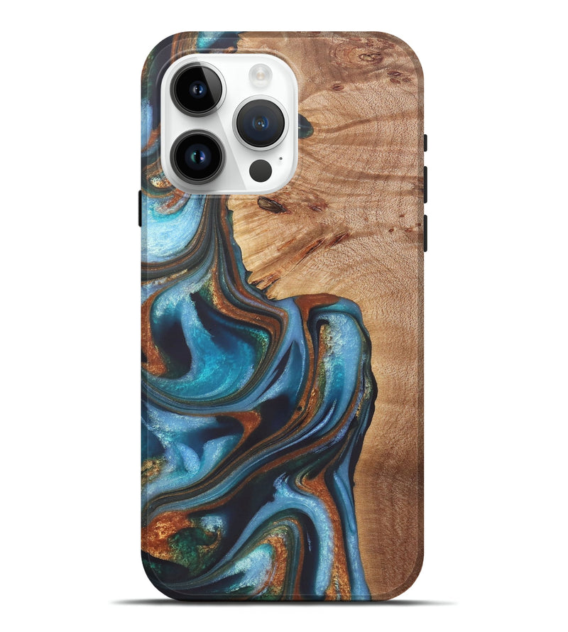 iPhone 15 Pro Max Wood+Resin Live Edge Phone Case - Gretchen (Teal & Gold, 722234)