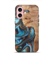 iPhone 16 Wood+Resin Live Edge Phone Case - Gretchen (Teal & Gold, 722234)