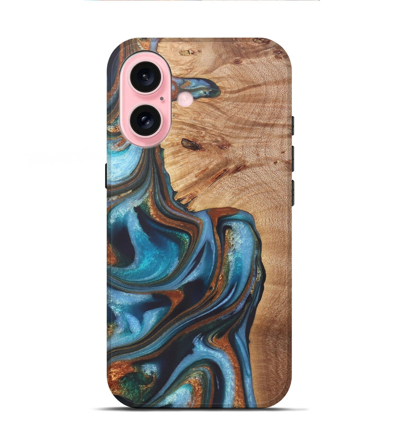 iPhone 16 Wood+Resin Live Edge Phone Case - Gretchen (Teal & Gold, 722234)