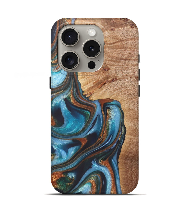 iPhone 16 Pro Wood+Resin Live Edge Phone Case - Gretchen (Teal & Gold, 722234)