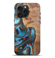 iPhone 16 Pro Max Wood+Resin Live Edge Phone Case - Gretchen (Teal & Gold, 722234)