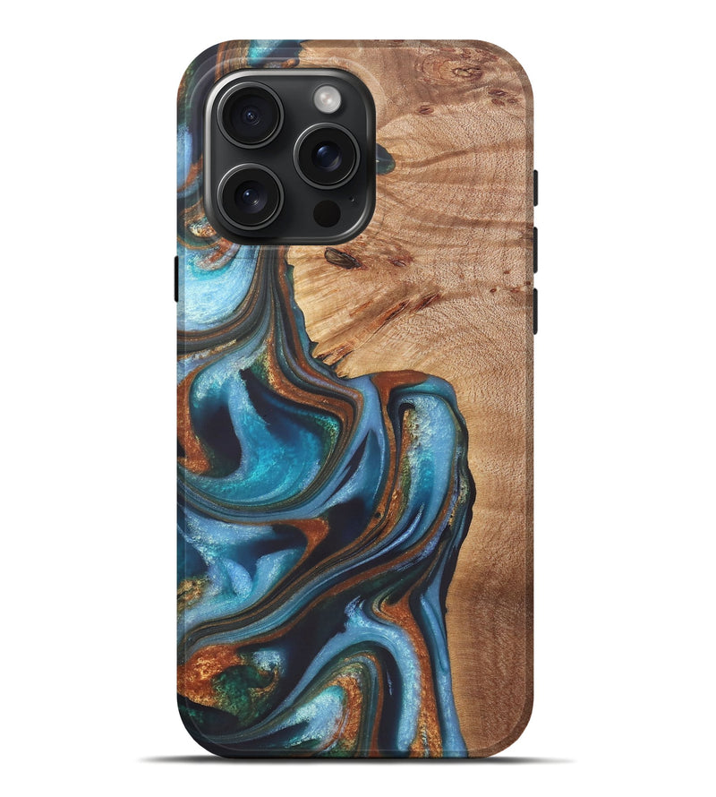 iPhone 16 Pro Max Wood+Resin Live Edge Phone Case - Gretchen (Teal & Gold, 722234)