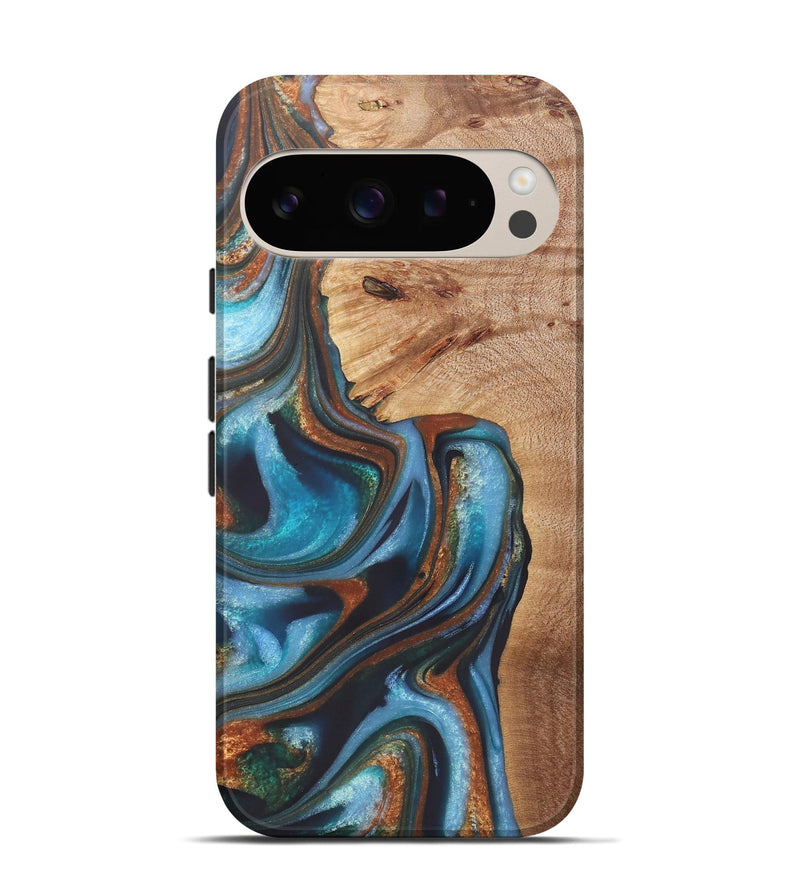 Pixel 9 Wood+Resin Live Edge Phone Case - Gretchen (Teal & Gold, 722234)