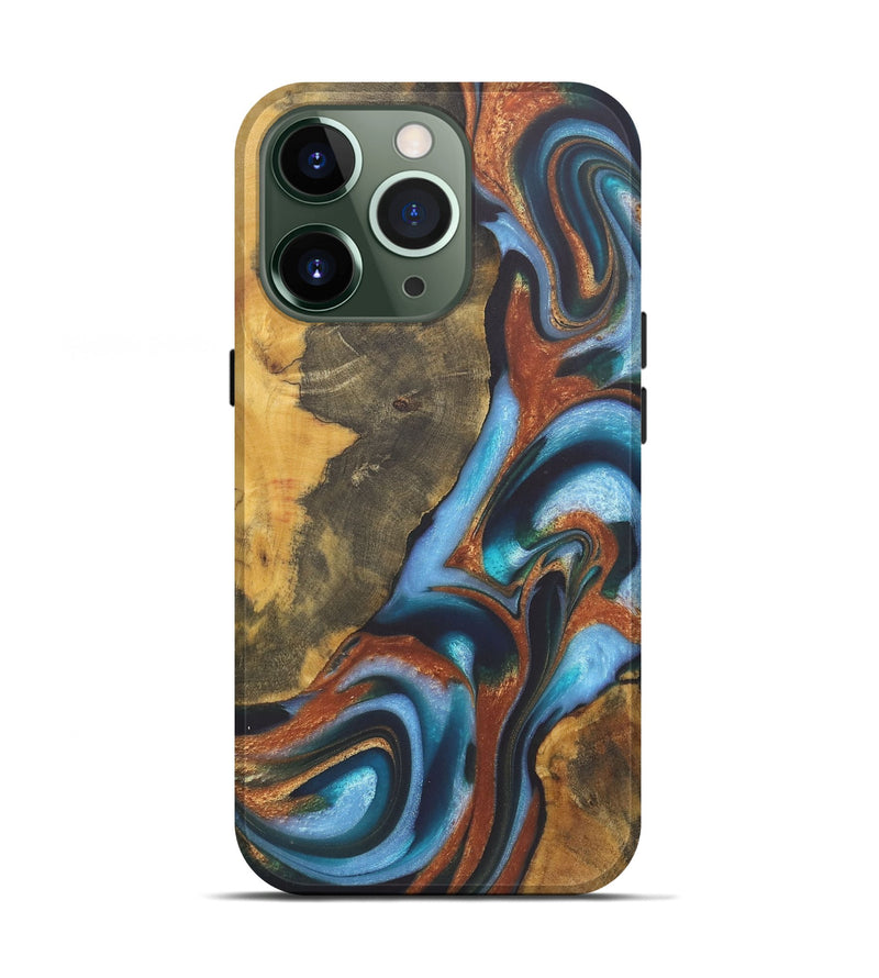 iPhone 13 Pro Wood+Resin Live Edge Phone Case - Ember (Teal & Gold, 722235)