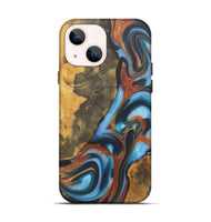 iPhone 14 Wood+Resin Live Edge Phone Case - Ember (Teal & Gold, 722235)