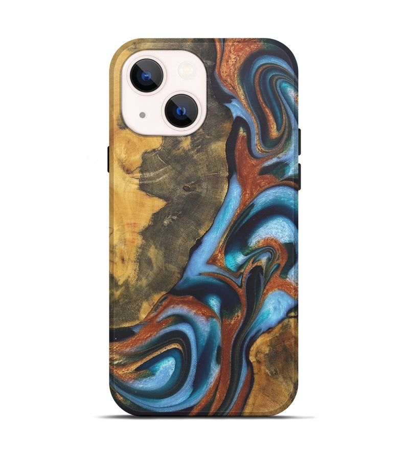 iPhone 14 Wood+Resin Live Edge Phone Case - Ember (Teal & Gold, 722235)