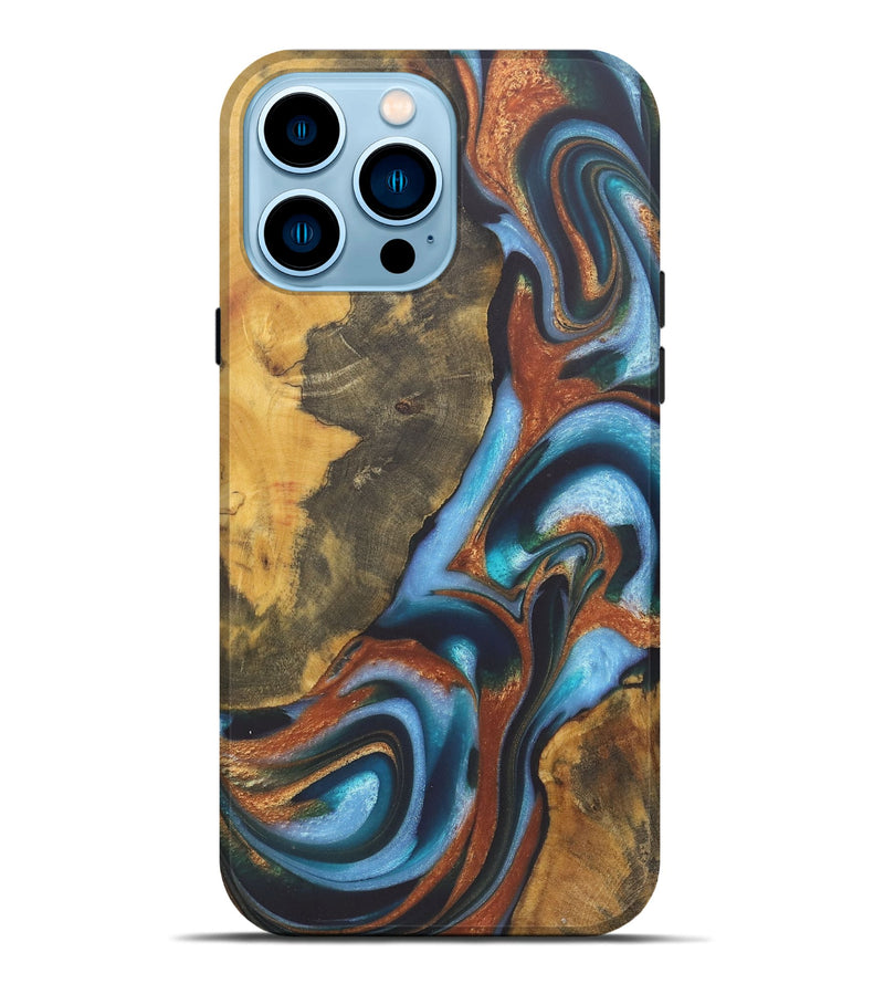 iPhone 14 Pro Max Wood+Resin Live Edge Phone Case - Ember (Teal & Gold, 722235)