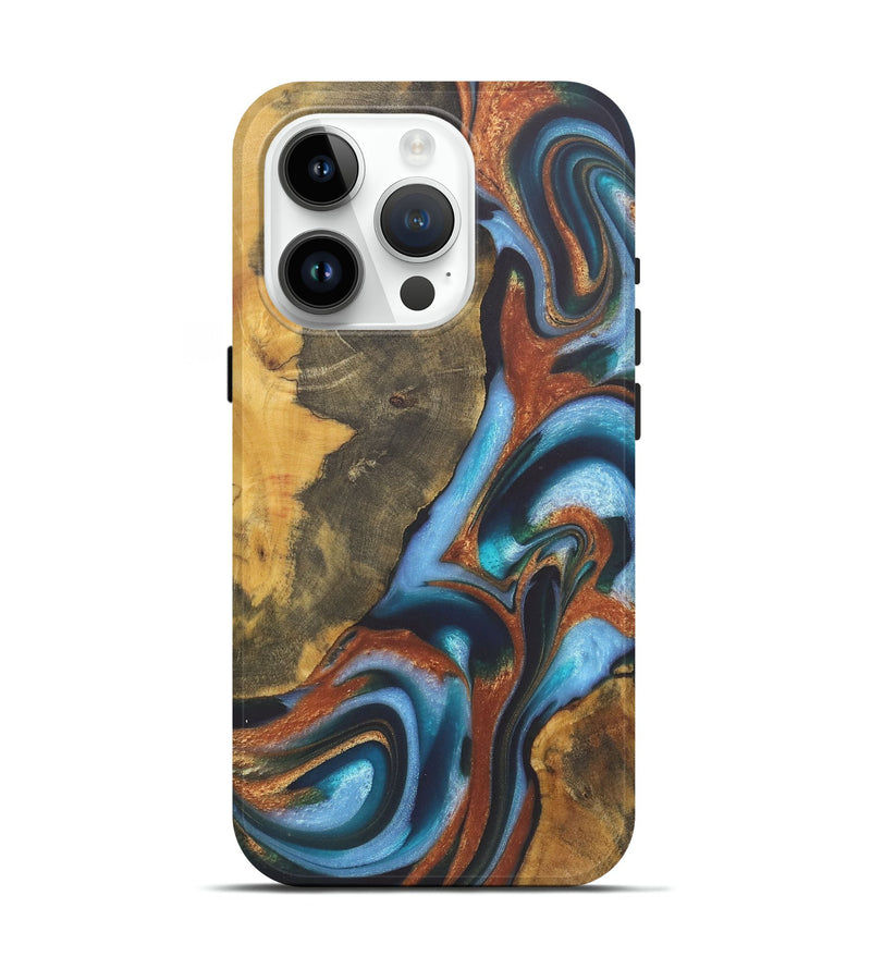 iPhone 15 Pro Wood+Resin Live Edge Phone Case - Ember (Teal & Gold, 722235)