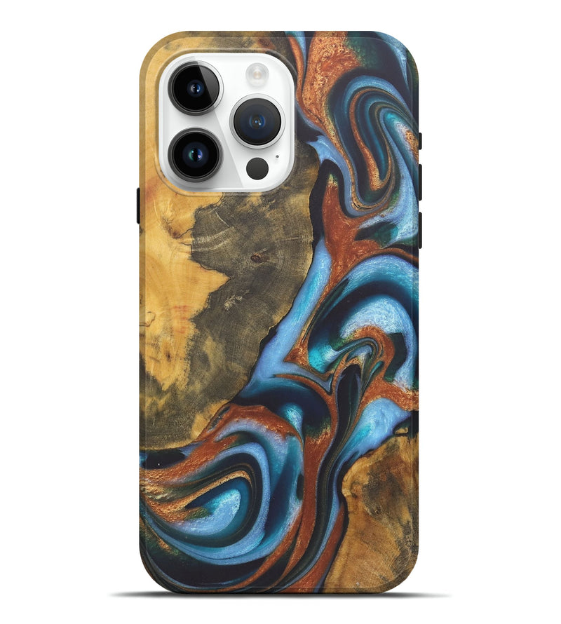 iPhone 15 Pro Max Wood+Resin Live Edge Phone Case - Ember (Teal & Gold, 722235)