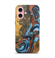 iPhone 16 Wood+Resin Live Edge Phone Case - Ember (Teal & Gold, 722235)