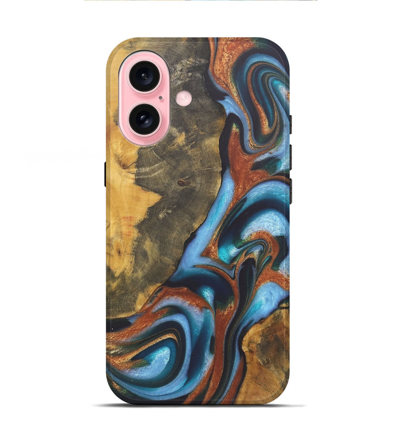 iPhone 16 Wood+Resin Live Edge Phone Case - Ember (Teal & Gold, 722235)