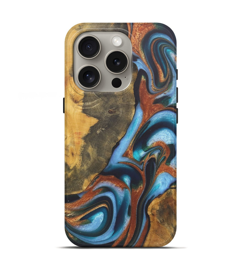 iPhone 16 Pro Wood+Resin Live Edge Phone Case - Ember (Teal & Gold, 722235)