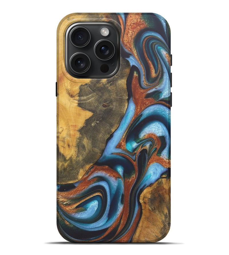 iPhone 16 Pro Max Wood+Resin Live Edge Phone Case - Ember (Teal & Gold, 722235)