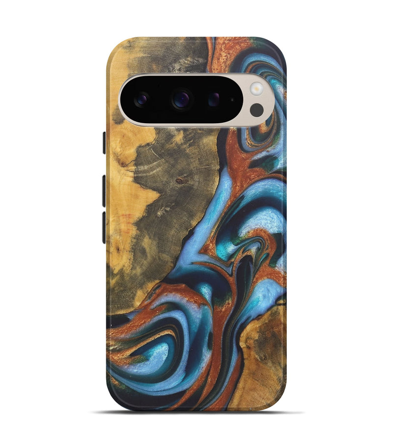 Pixel 9 Wood+Resin Live Edge Phone Case - Ember (Teal & Gold, 722235)