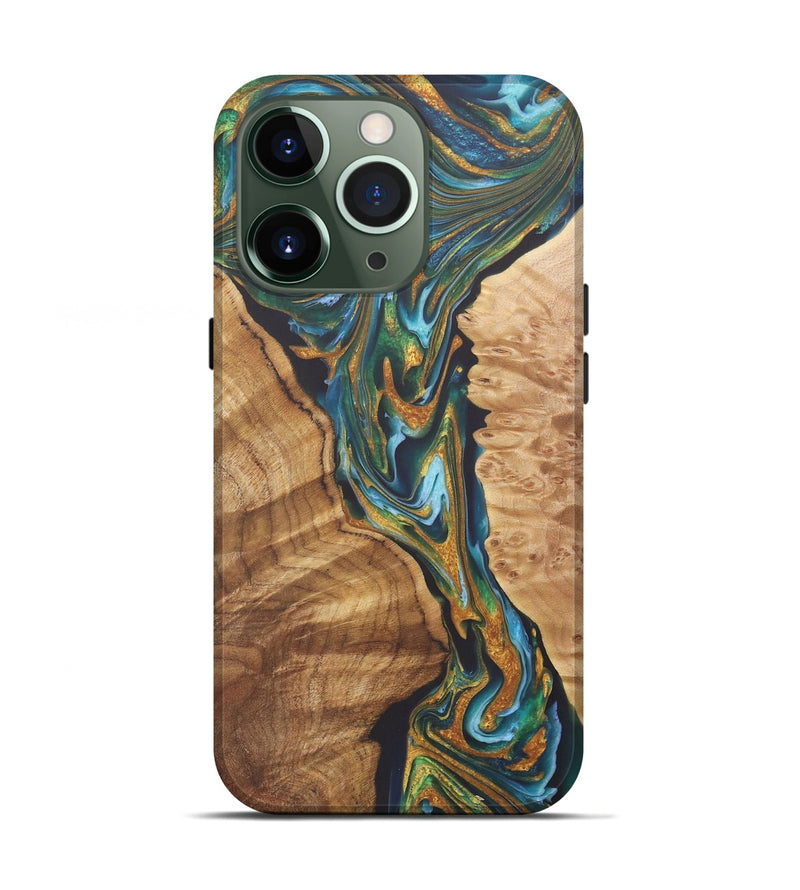 iPhone 13 Pro Wood+Resin Live Edge Phone Case - Tyrese (Teal & Gold, 722237)