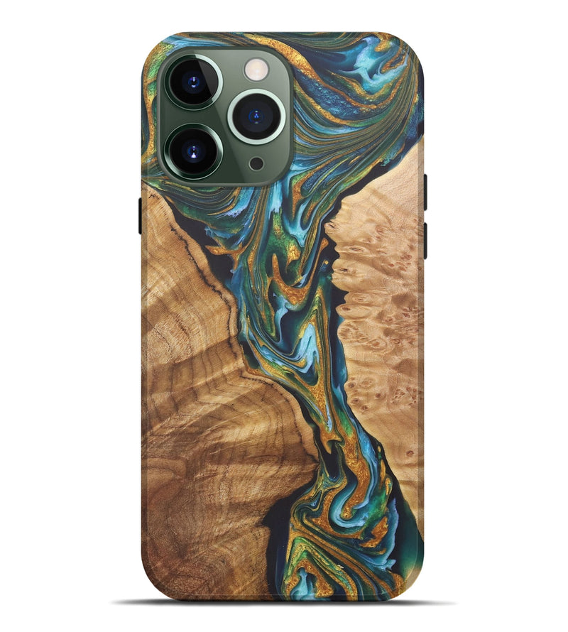 iPhone 13 Pro Max Wood+Resin Live Edge Phone Case - Tyrese (Teal & Gold, 722237)