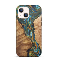 iPhone 14 Wood+Resin Live Edge Phone Case - Tyrese (Teal & Gold, 722237)