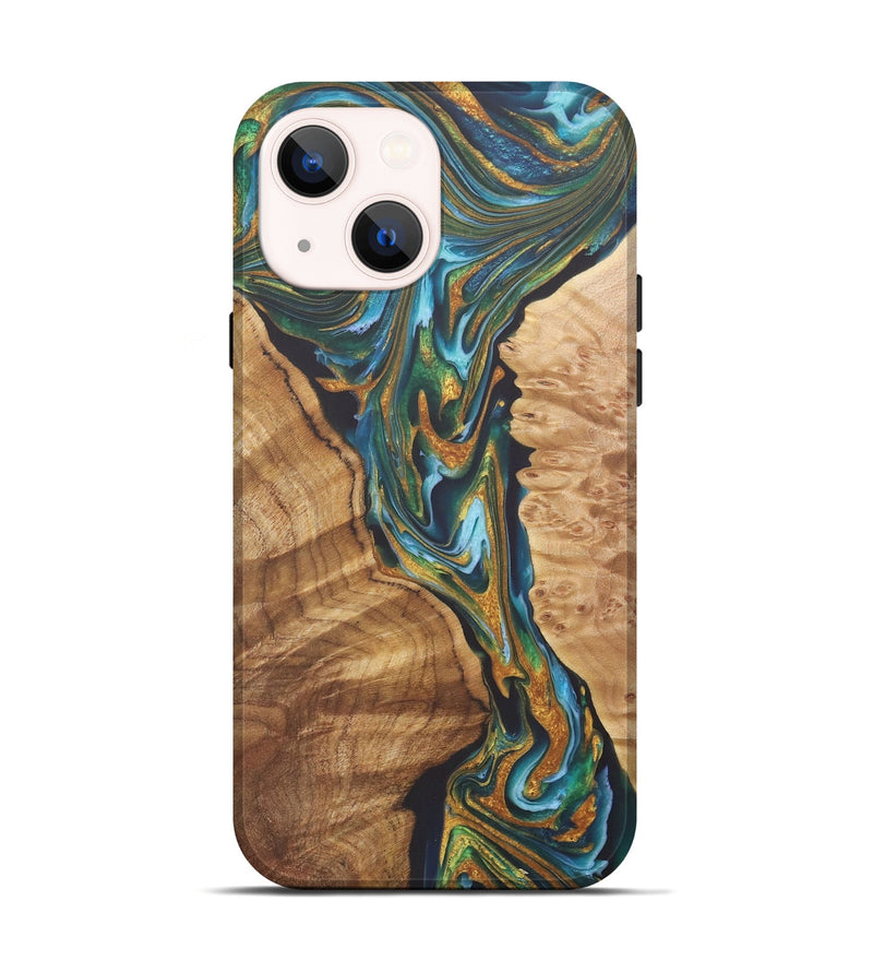 iPhone 14 Wood+Resin Live Edge Phone Case - Tyrese (Teal & Gold, 722237)