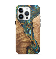 iPhone 15 Pro Wood+Resin Live Edge Phone Case - Tyrese (Teal & Gold, 722237)