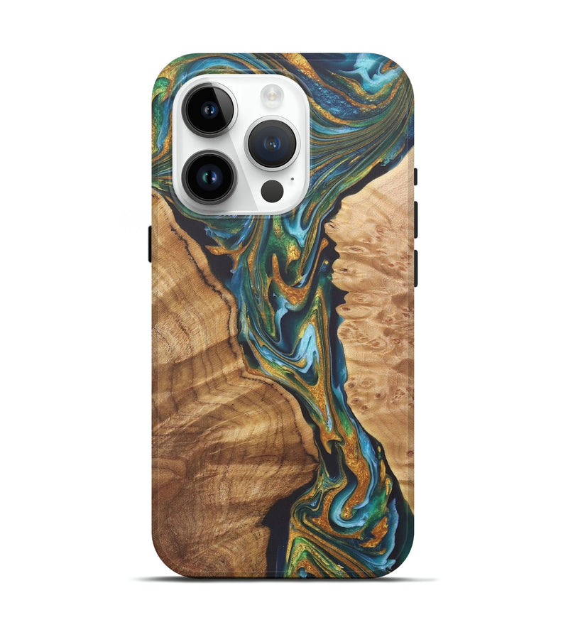 iPhone 15 Pro Wood+Resin Live Edge Phone Case - Tyrese (Teal & Gold, 722237)