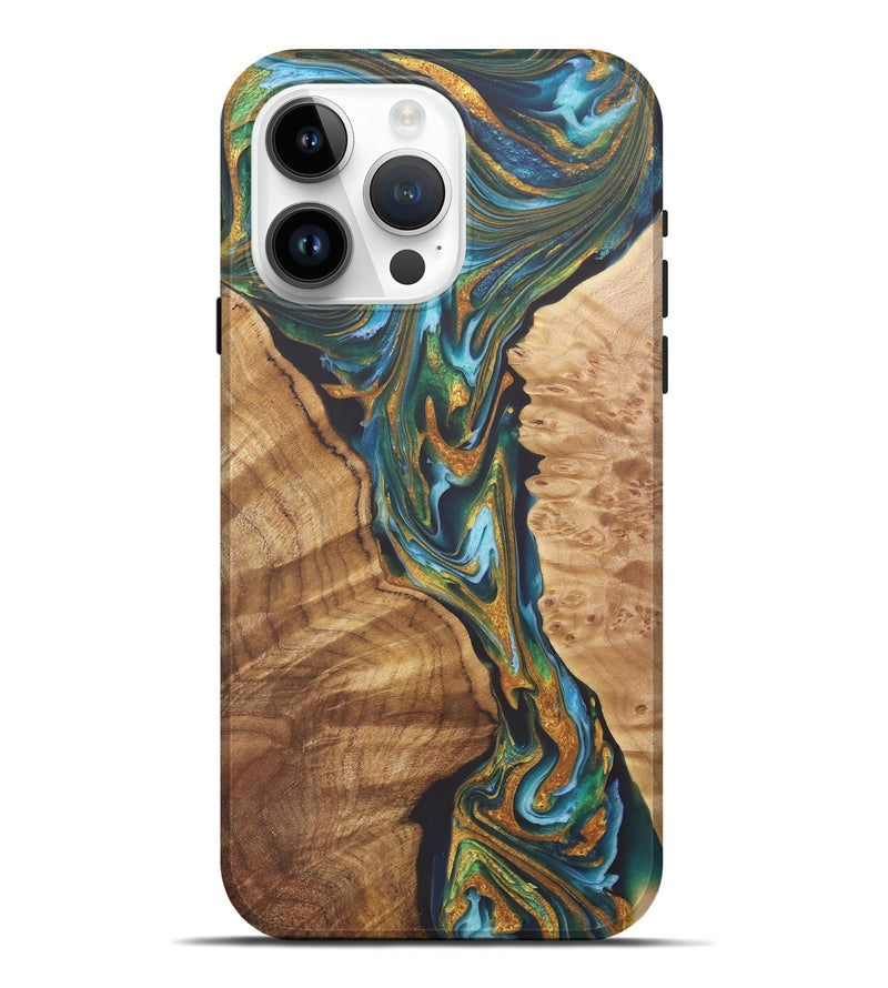 iPhone 15 Pro Max Wood+Resin Live Edge Phone Case - Tyrese (Teal & Gold, 722237)