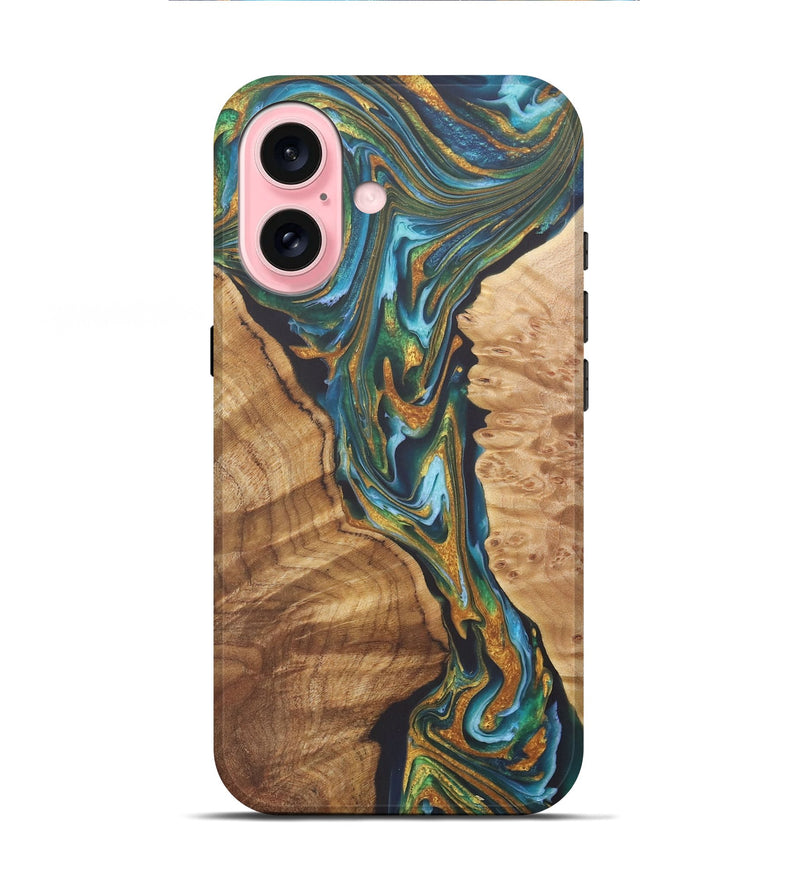 iPhone 16 Wood+Resin Live Edge Phone Case - Tyrese (Teal & Gold, 722237)