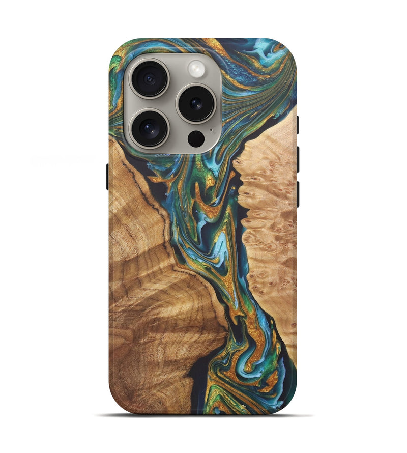 iPhone 16 Pro Wood+Resin Live Edge Phone Case - Tyrese (Teal & Gold, 722237)