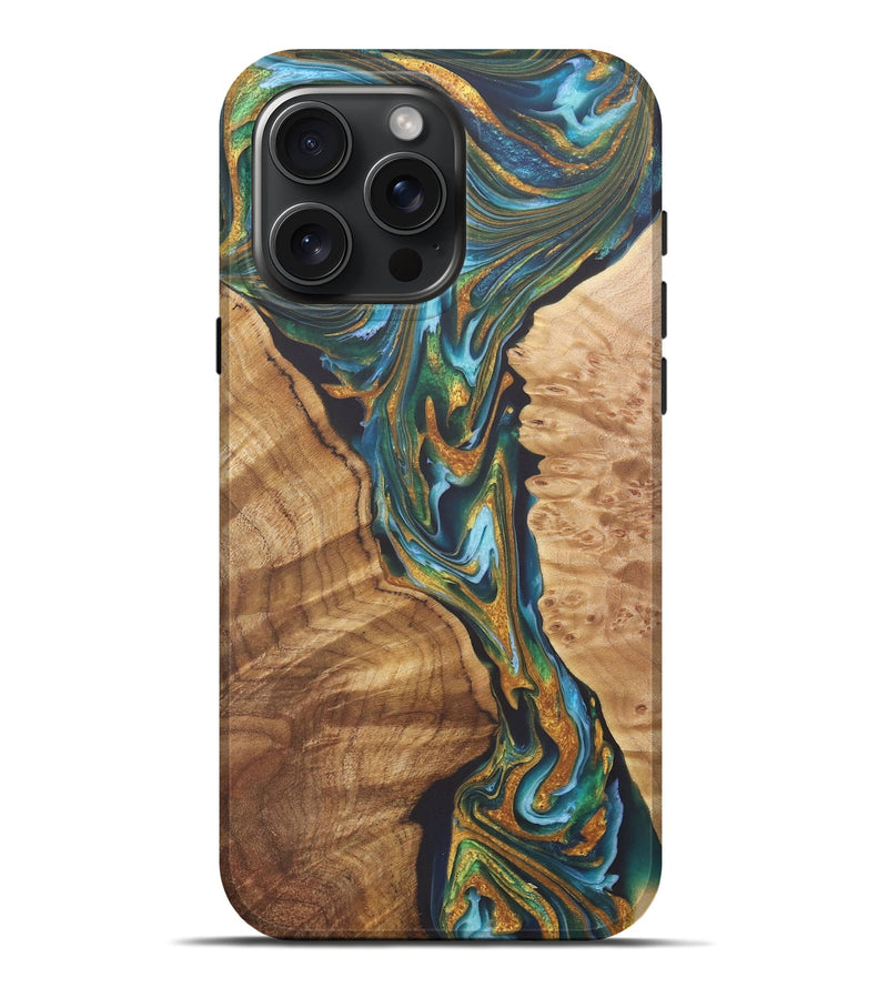 iPhone 16 Pro Max Wood+Resin Live Edge Phone Case - Tyrese (Teal & Gold, 722237)