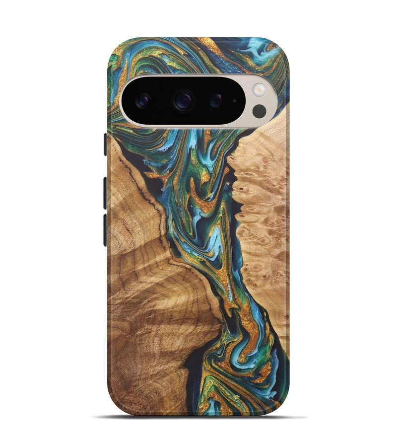 Pixel 9 Pro Wood+Resin Live Edge Phone Case - Tyrese (Teal & Gold, 722237)