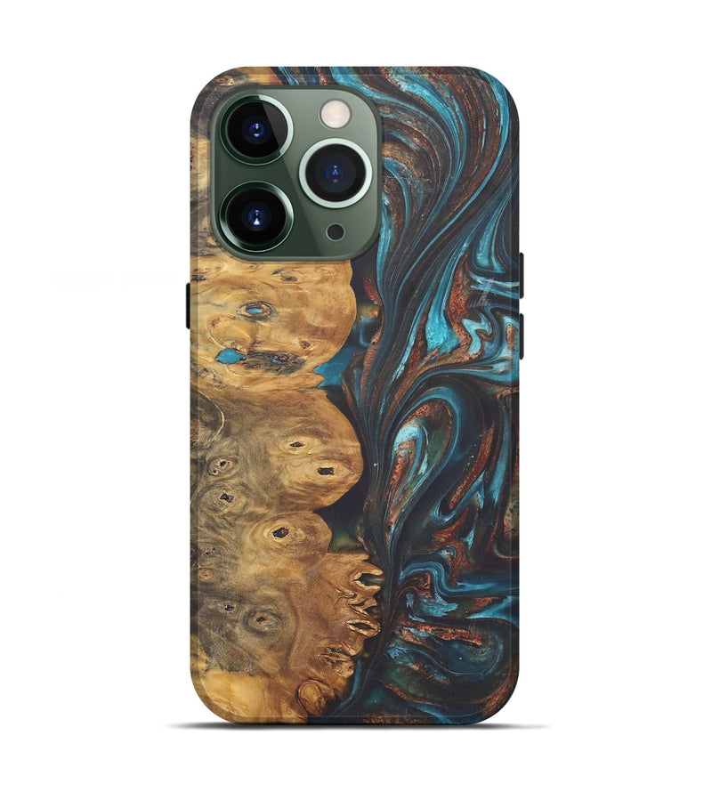 iPhone 13 Pro Wood+Resin Live Edge Phone Case - Kailani (Teal & Gold, 722239)