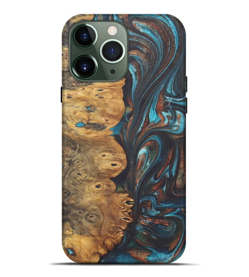 iPhone 13 Pro Max Wood+Resin Live Edge Phone Case - Kailani (Teal & Gold, 722239)