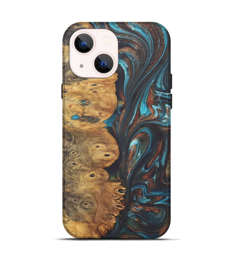 iPhone 14 Wood+Resin Live Edge Phone Case - Kailani (Teal & Gold, 722239)