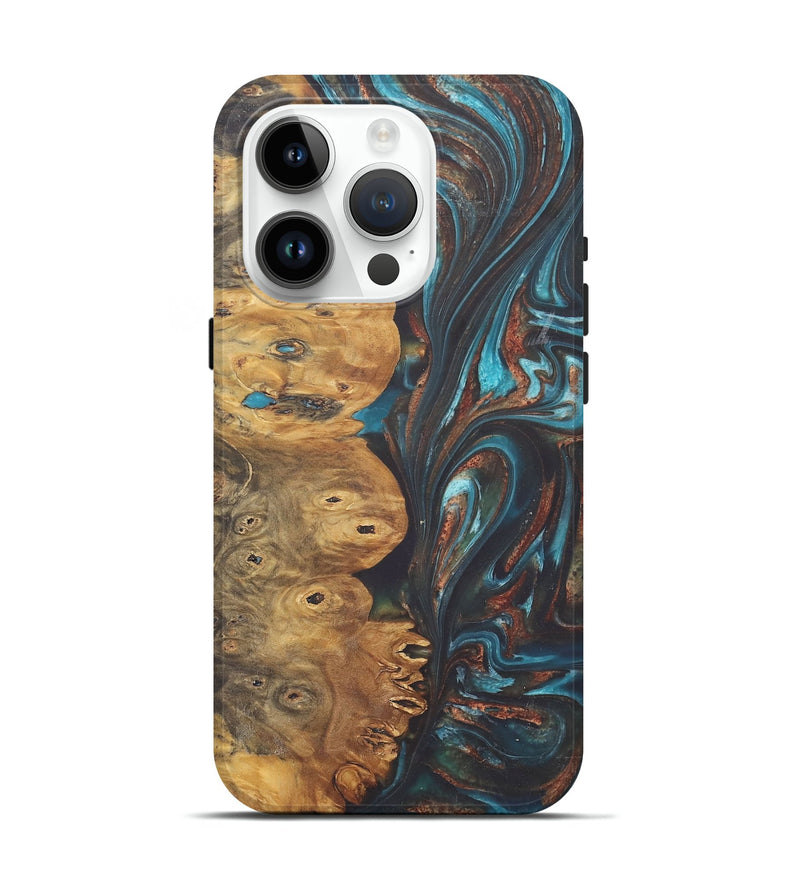 iPhone 15 Pro Wood+Resin Live Edge Phone Case - Kailani (Teal & Gold, 722239)