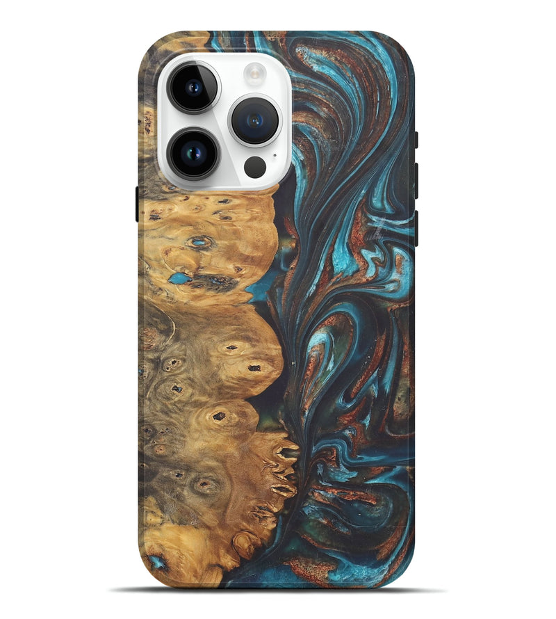 iPhone 15 Pro Max Wood+Resin Live Edge Phone Case - Kailani (Teal & Gold, 722239)