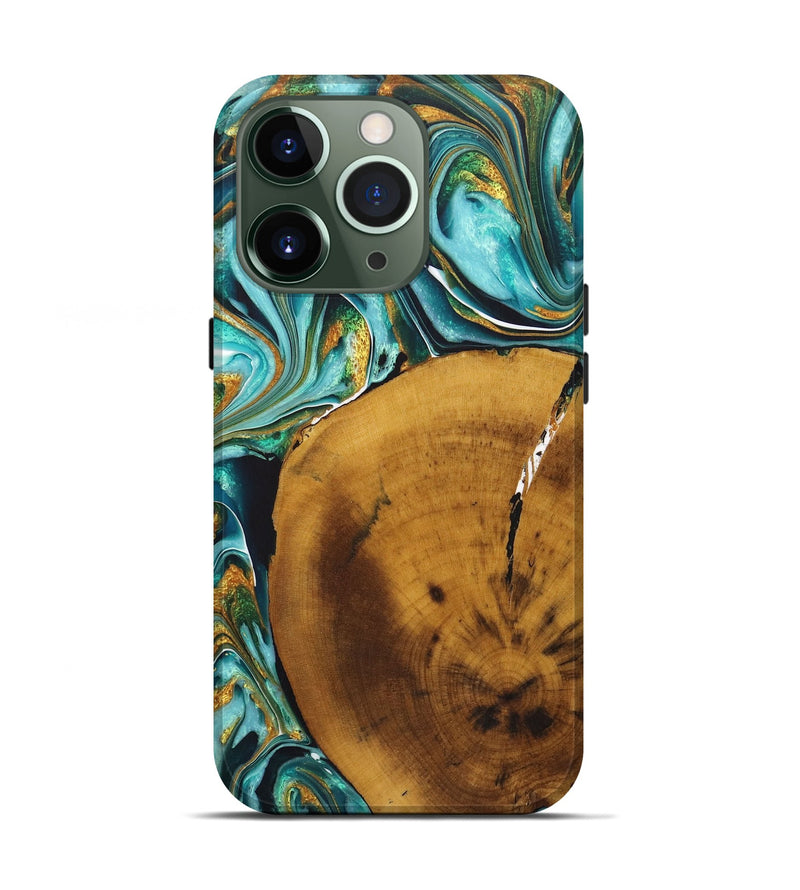 iPhone 13 Pro Wood+Resin Live Edge Phone Case - Gregory (Teal & Gold, 722242)