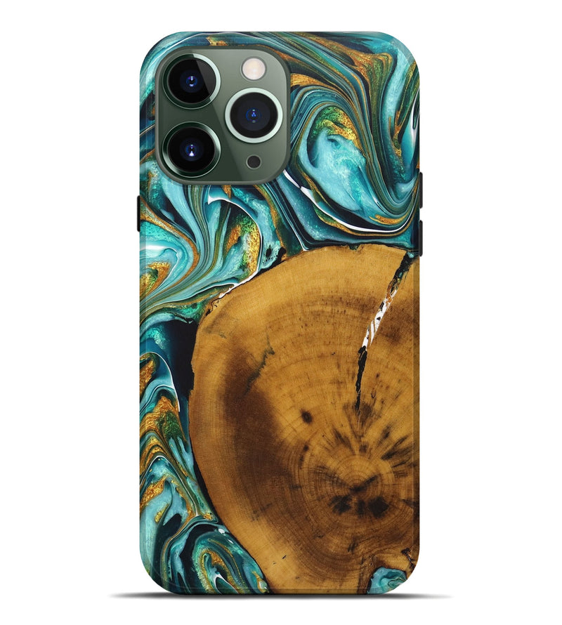 iPhone 13 Pro Max Wood+Resin Live Edge Phone Case - Gregory (Teal & Gold, 722242)