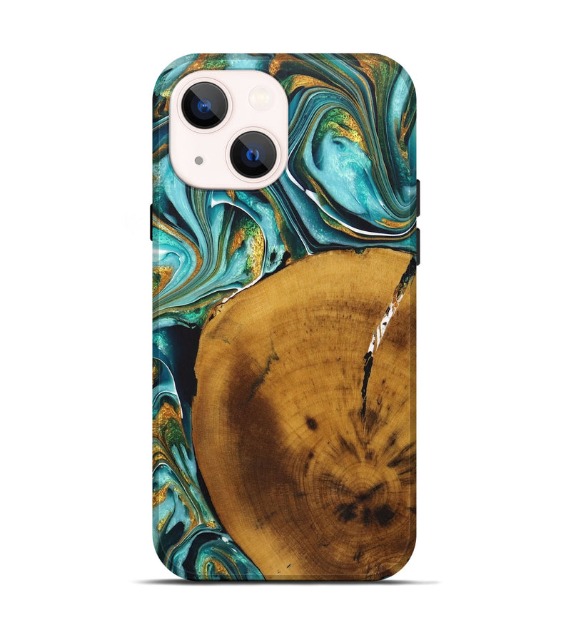 iPhone 14 Wood+Resin Live Edge Phone Case - Gregory (Teal & Gold, 722242)