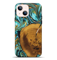 iPhone 14 Plus Wood+Resin Live Edge Phone Case - Gregory (Teal & Gold, 722242)